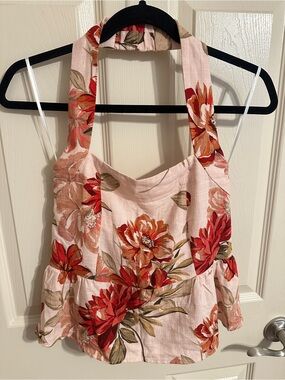 Paper Heart Floral Halter Peplum Top, Pink with Red Floral, Sz S